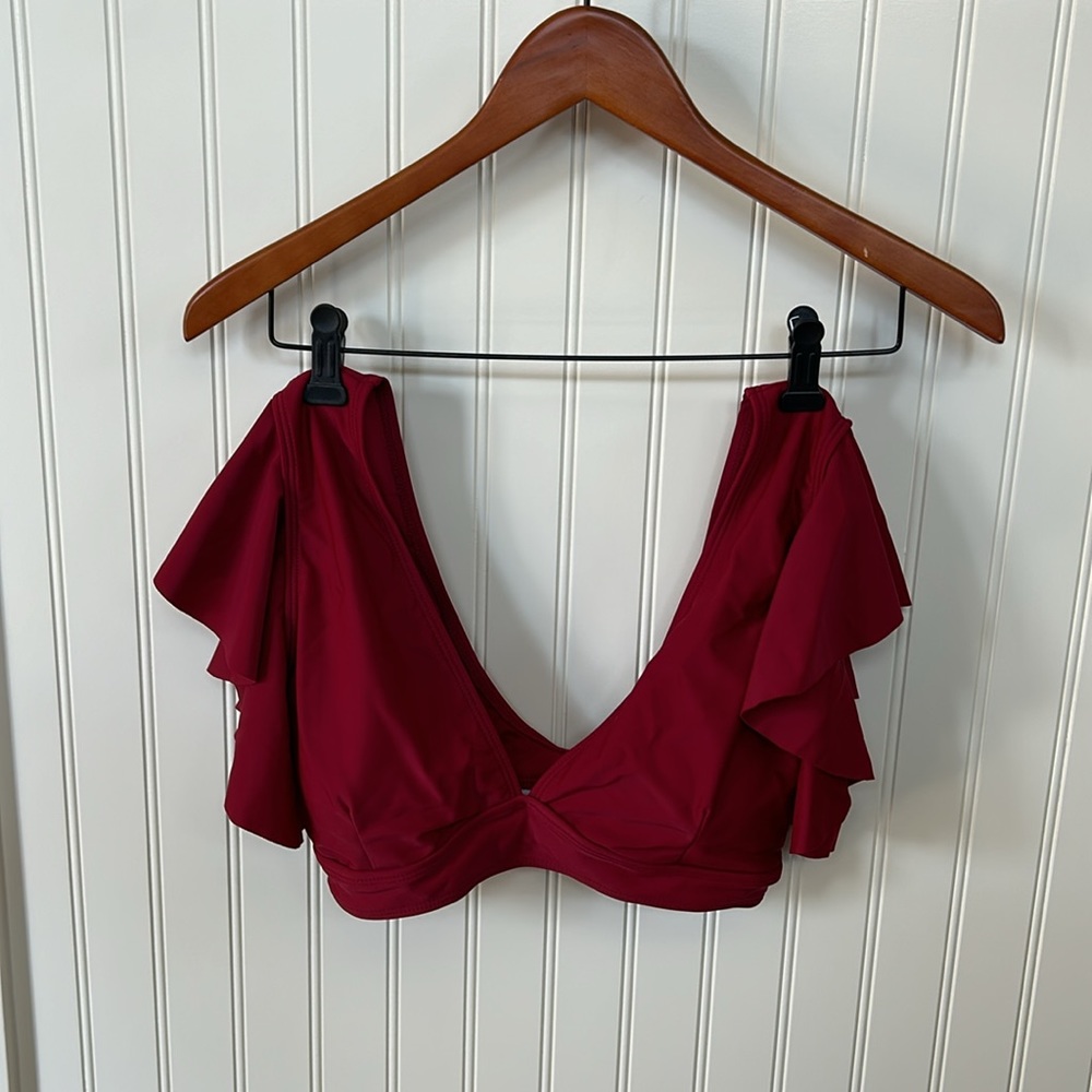 Swim suit two piece never worn color red high waisted bottoms ruffle top cute - Picture 4 of 14